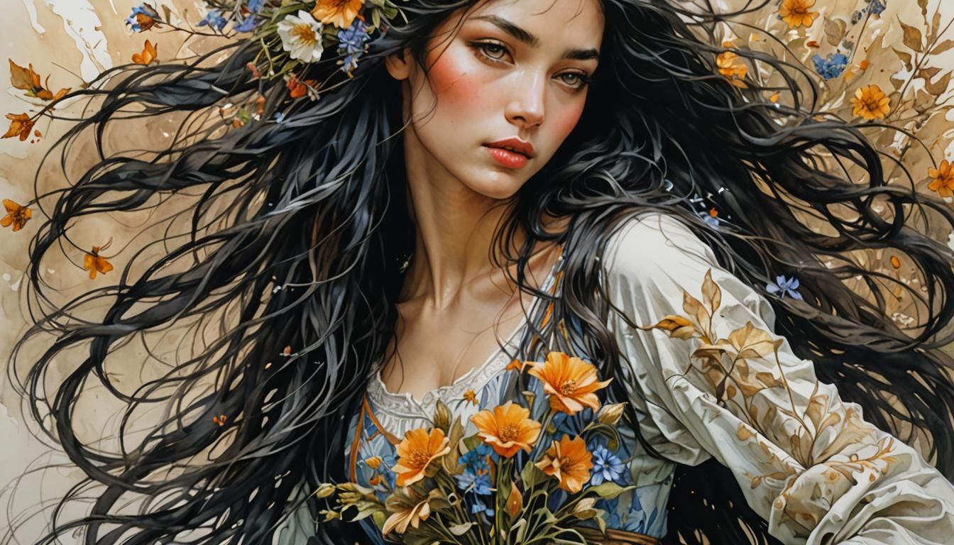 Slovak Woman with Flowers in Arthur Rackham Style