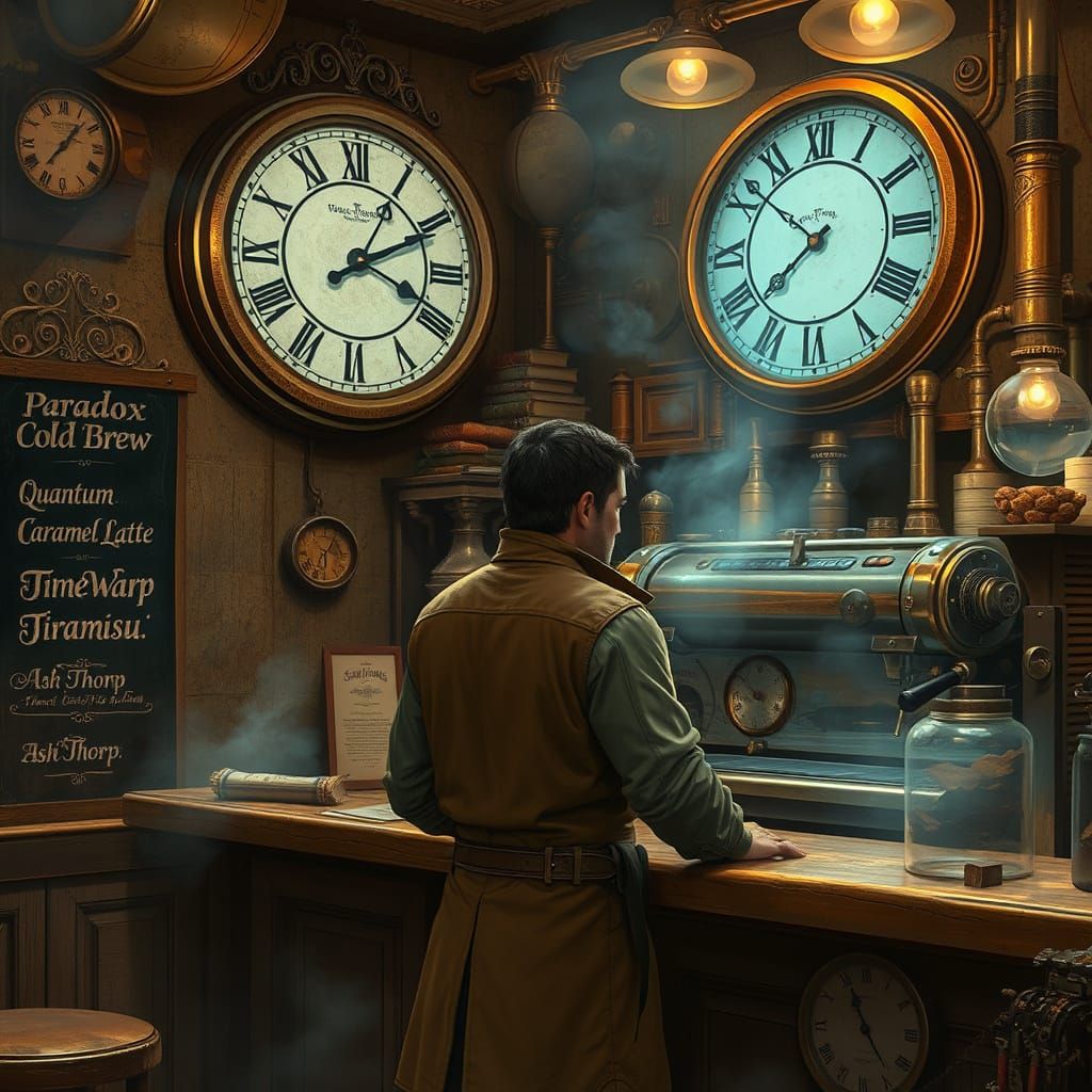 Steampunk Time Traveler's Café in a Retro-Futuristic Setting