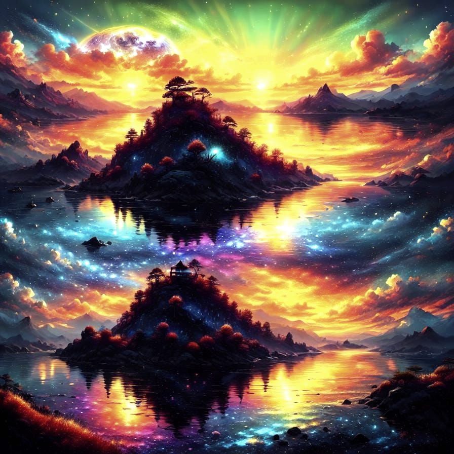 Surreal Forest in Spacetime at Sunset