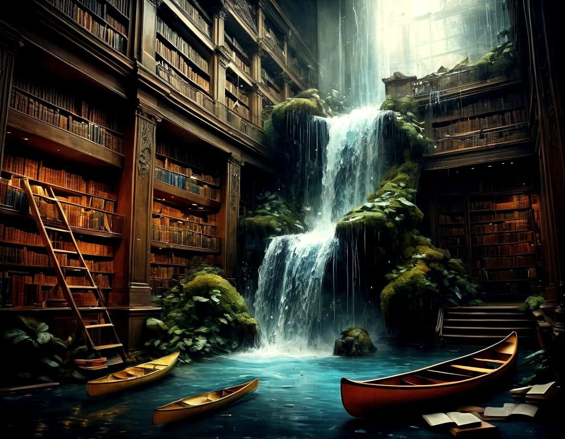 Waterfall Plunges in Magical Library Painting