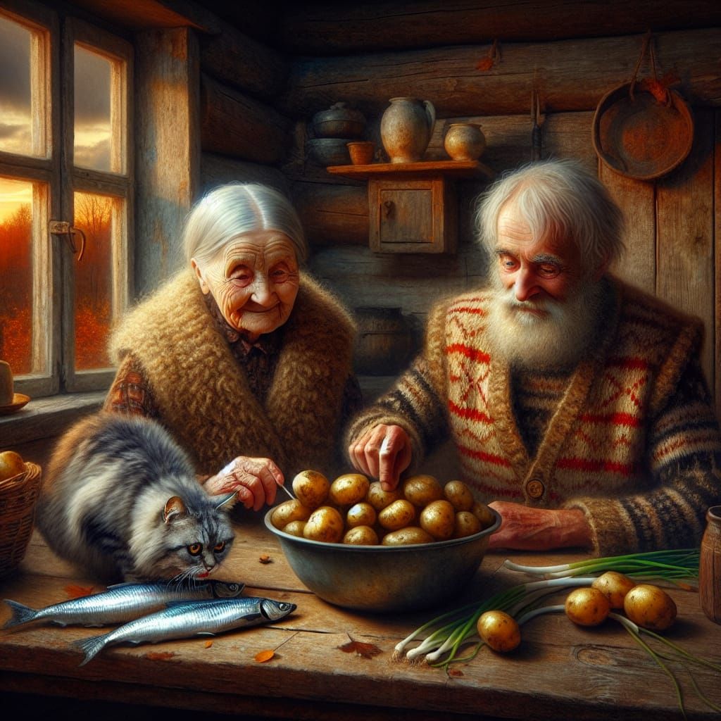 Cozy Kitchen Scene with Cat in Oil Painting Style