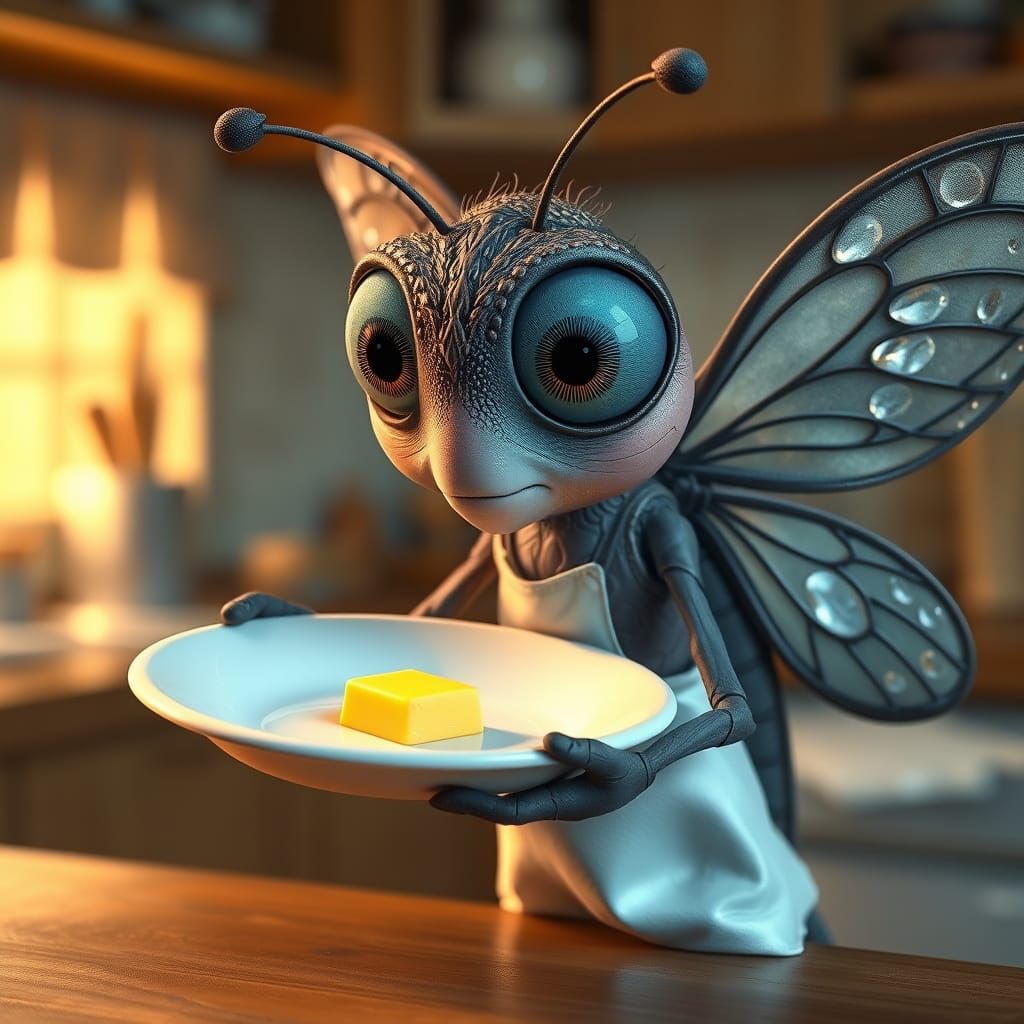 Confused Butterfly in Apron Holds Plate with Butter