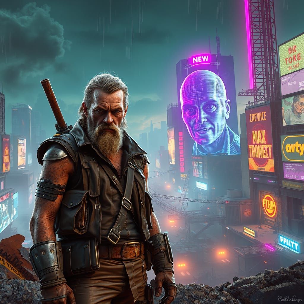 Gritty Dystopian Hero Stands Beside Glitching Icon in Ruined...