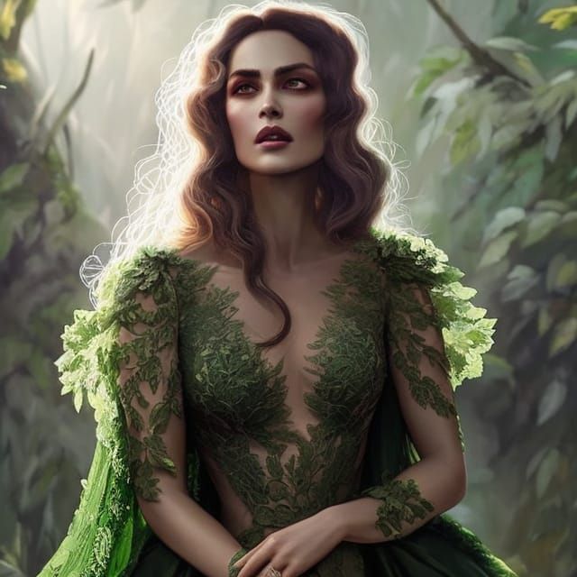 Woman in Green Lace Gown with Roses