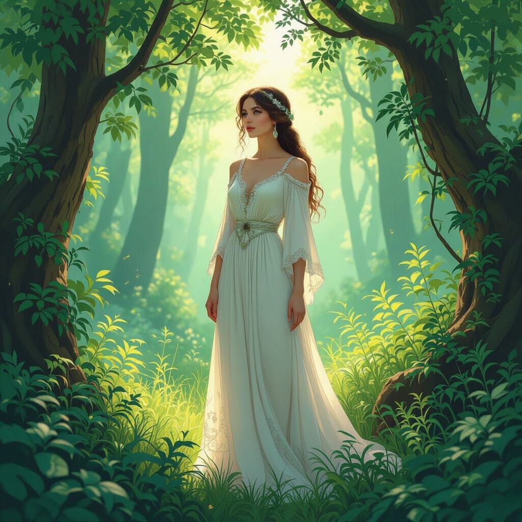 Serene Woman in Forest, Art Nouveau Style
