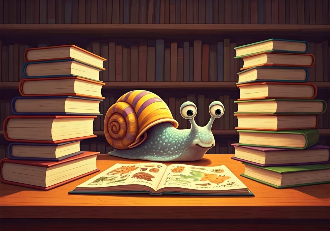Cartoon Snail Reads Zoology Book in Cozy Library