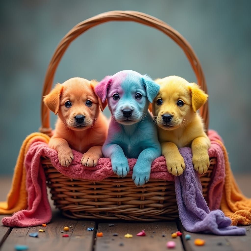 Rainbow Puppies in a Basket