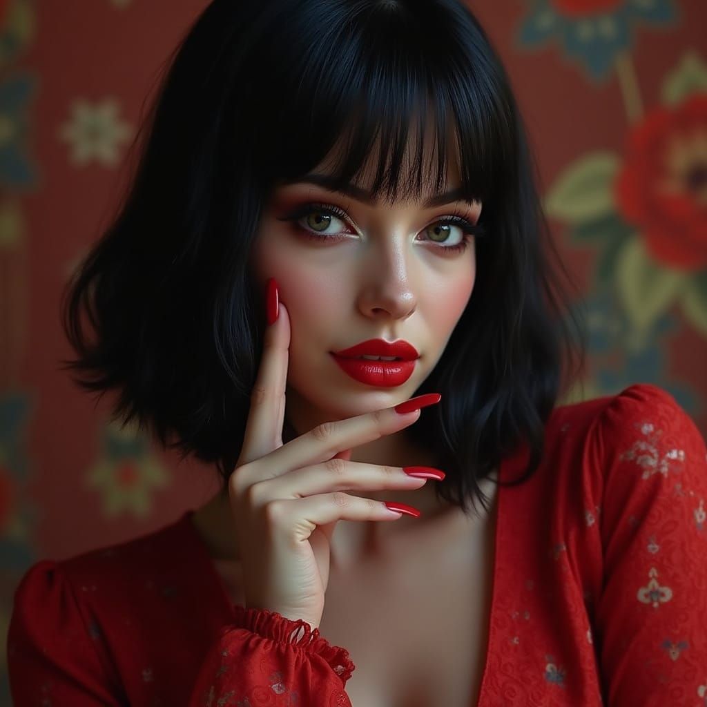 Elegant Woman with Red Lipstick in Art Nouveau Style