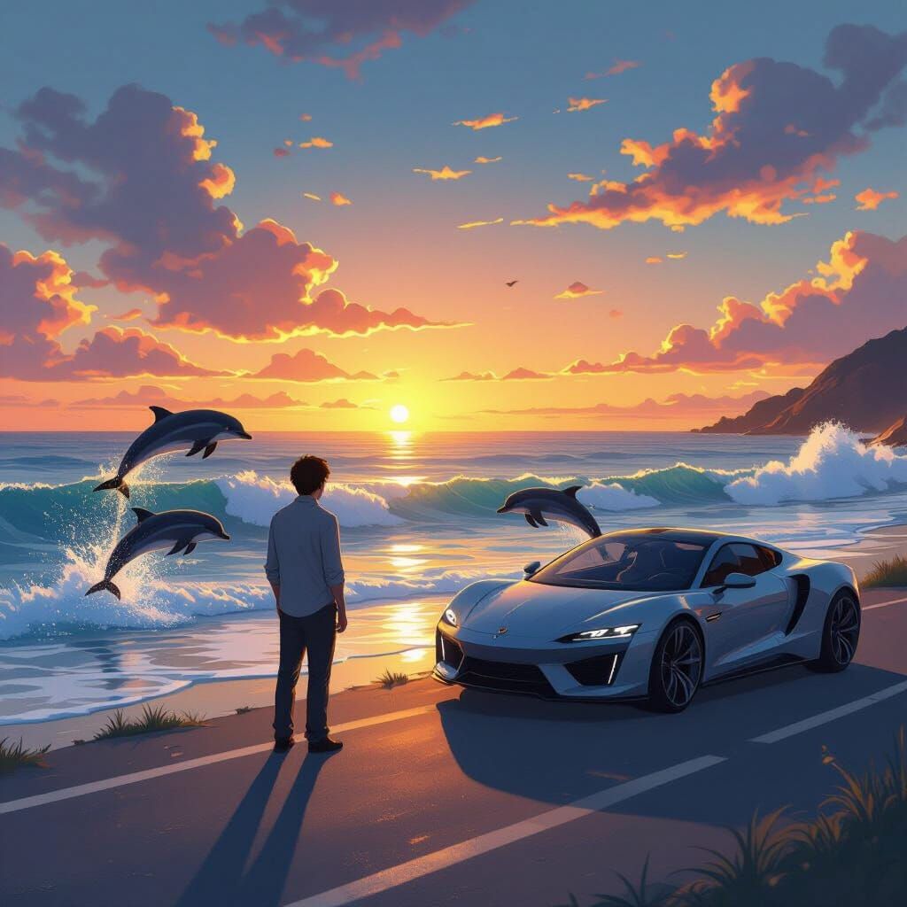Anime Style Man by Ocean Sunset with Sleek Car
