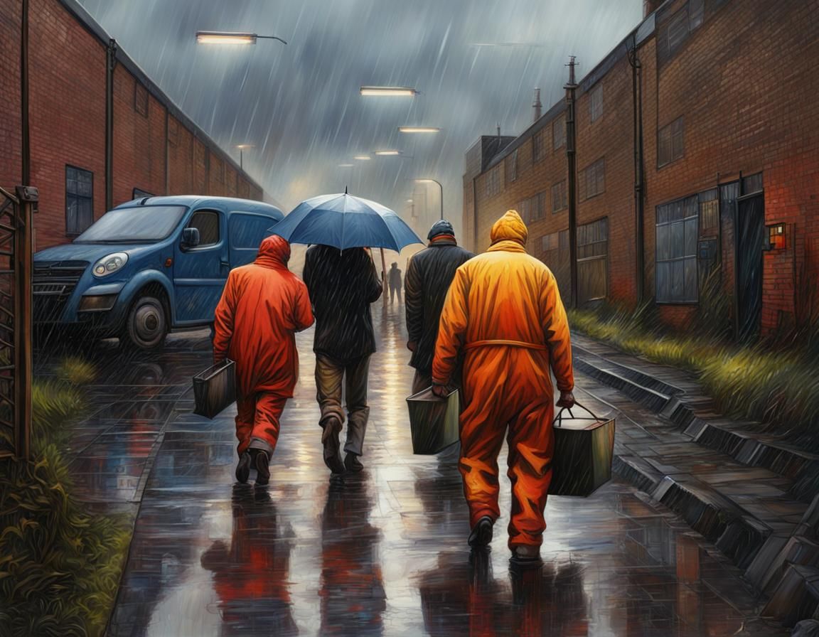 Workers Leaving Factory in Northern England Rain