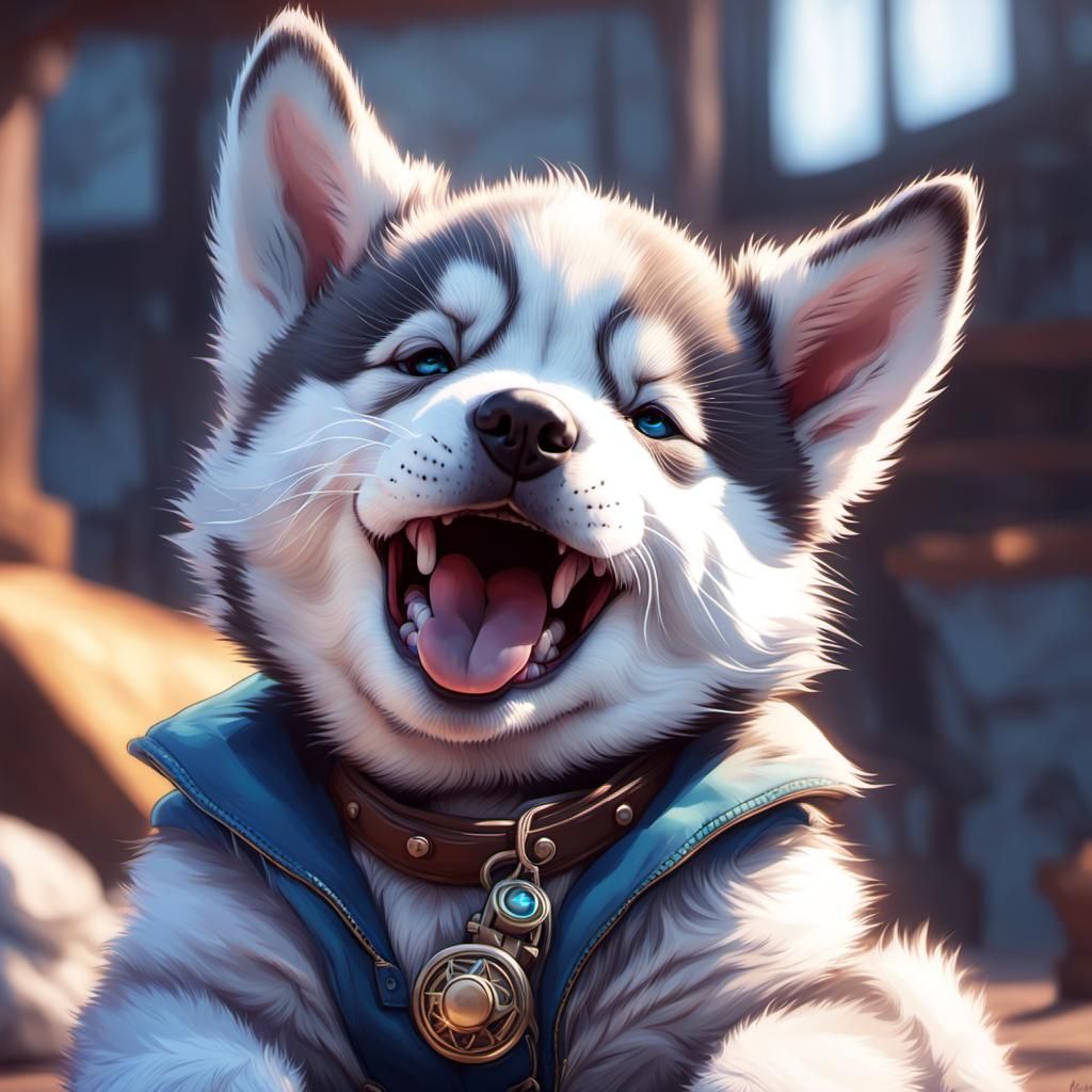 Laughing Baby with Husky Puppy, Detailed Portrait