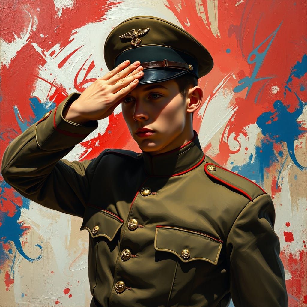 Heroic Soldier in Distorted American Flag Colors