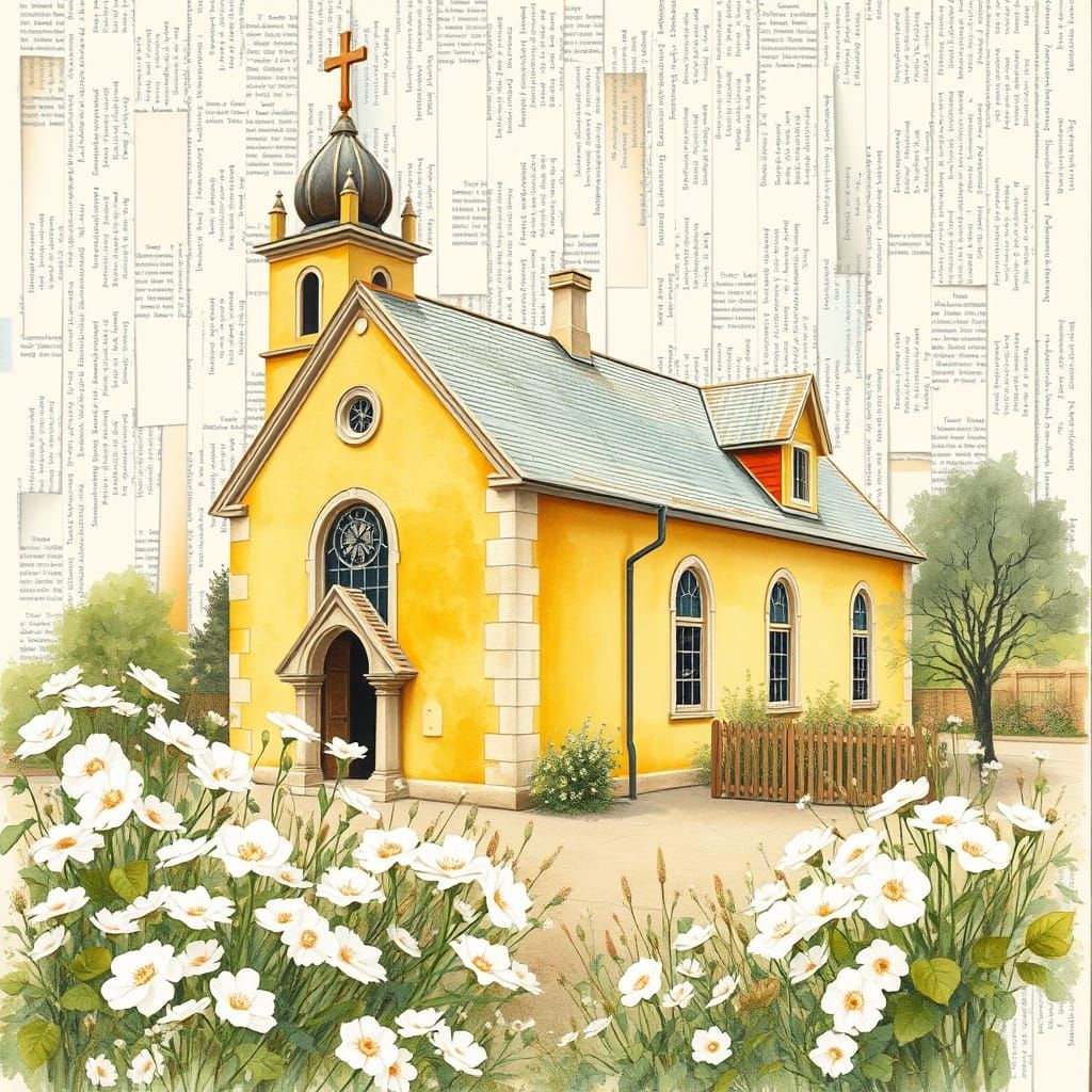 Victorian Church Surrounded by Flowers in Watercolour Style