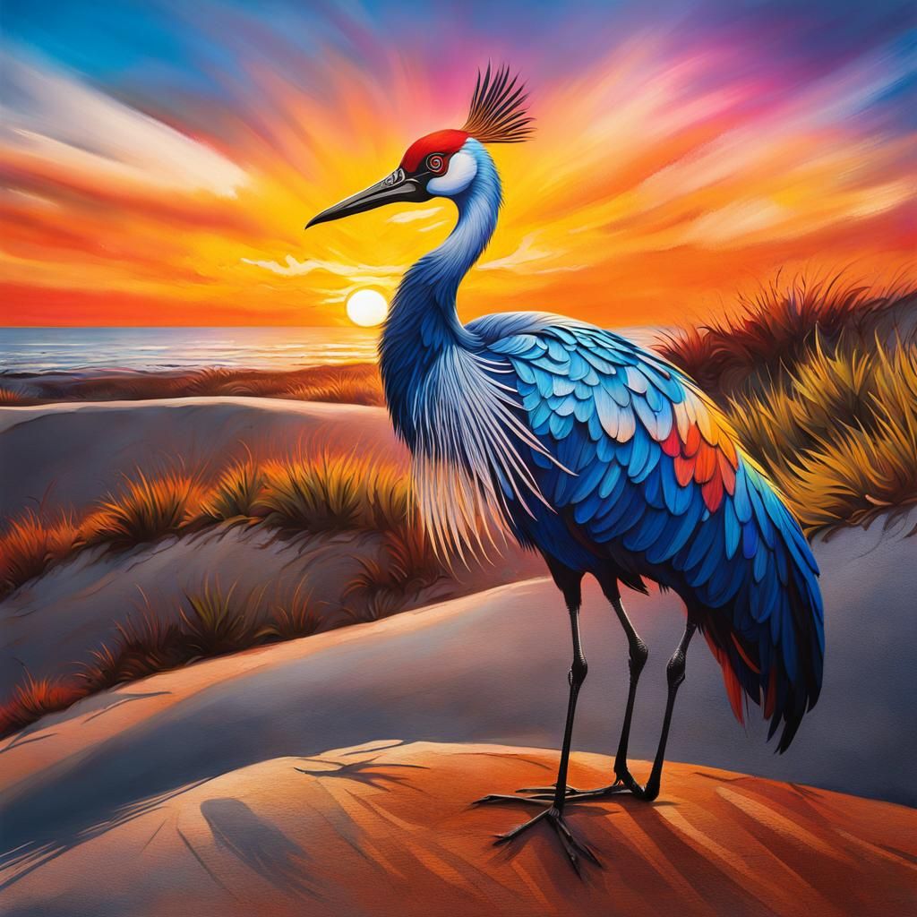 Blue Crane in Graffiti Style Overlooking Sunset