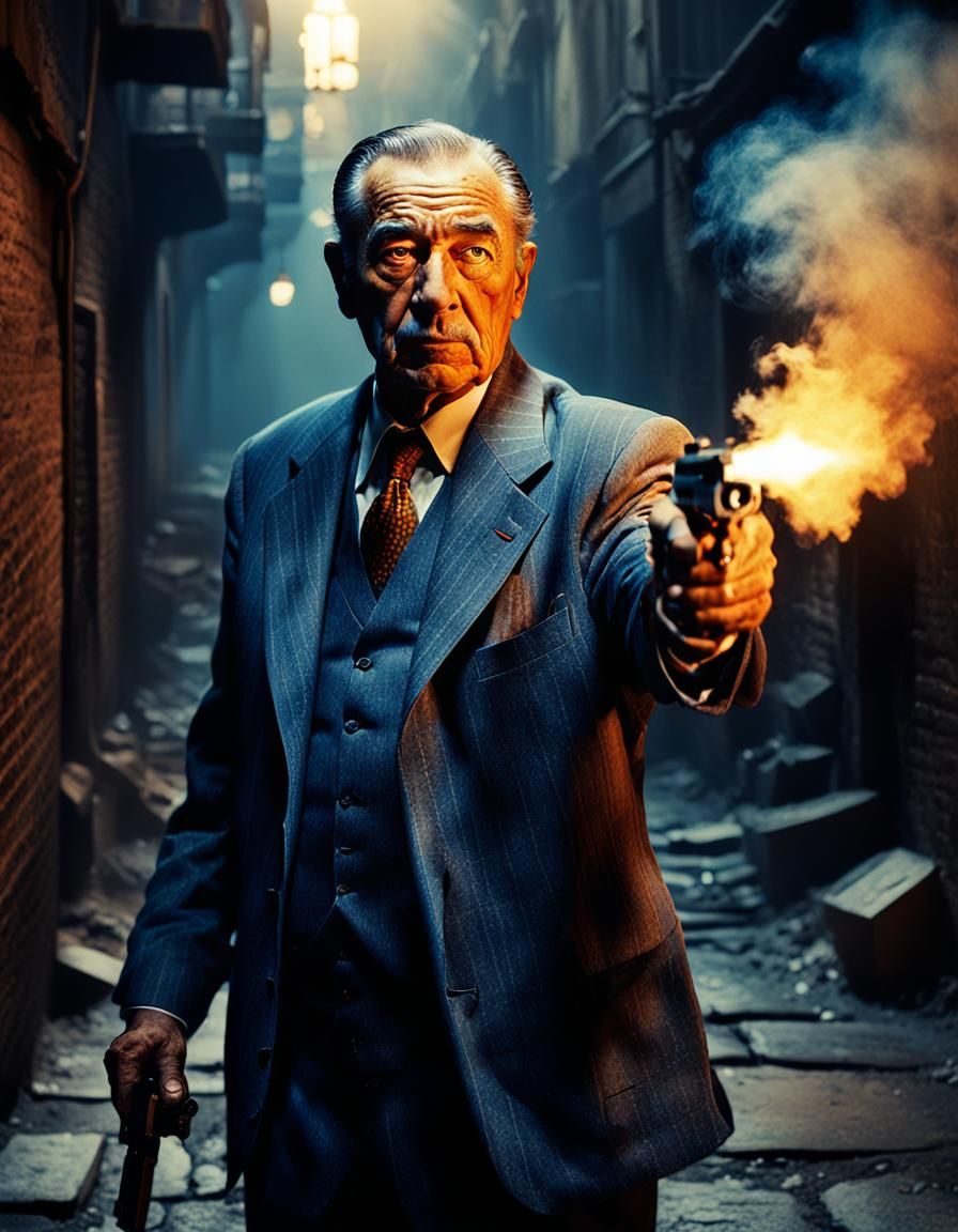 Gangster Fires Pistol in Smoky Alley: Hyper-Realistic Art