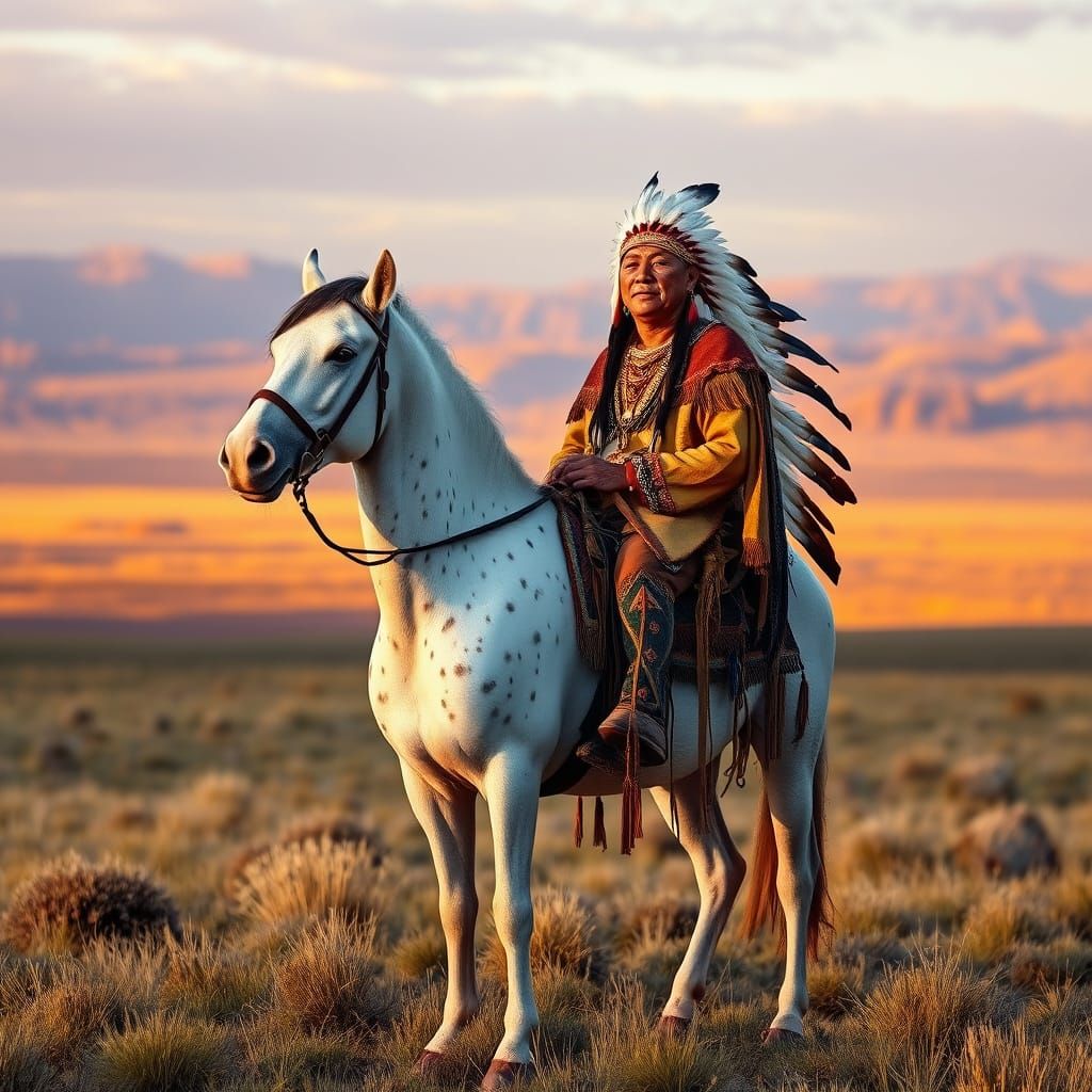 Native American Chief on Horseback at Golden Hour