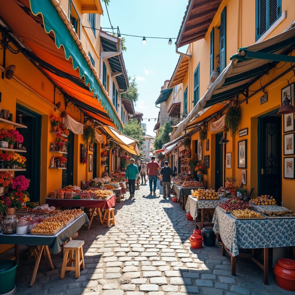 Colorful Street Market Scene with Merchants