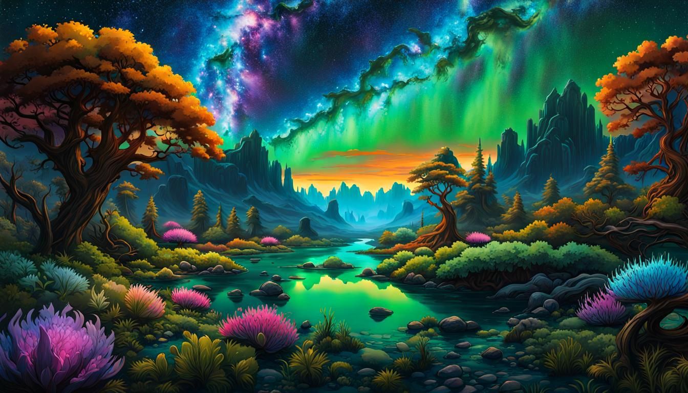 Bioluminescent Garden Under Cosmic Sky in Psychedelic Art