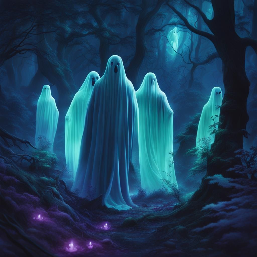 Ethereal Glow-in-the-Dark Ghosts in Mystical Forest