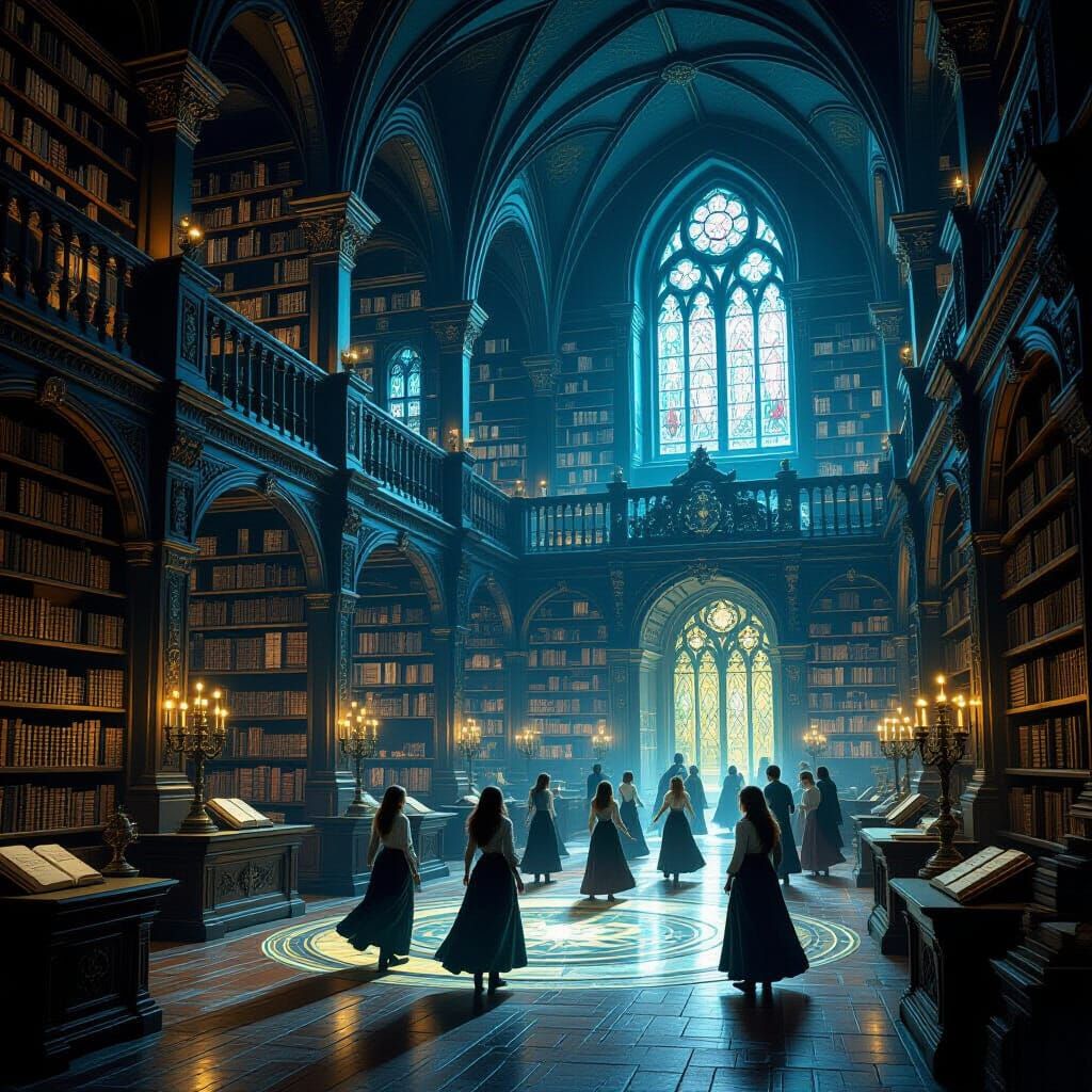 Ancient Library of Glowing Tomes in Moonlight