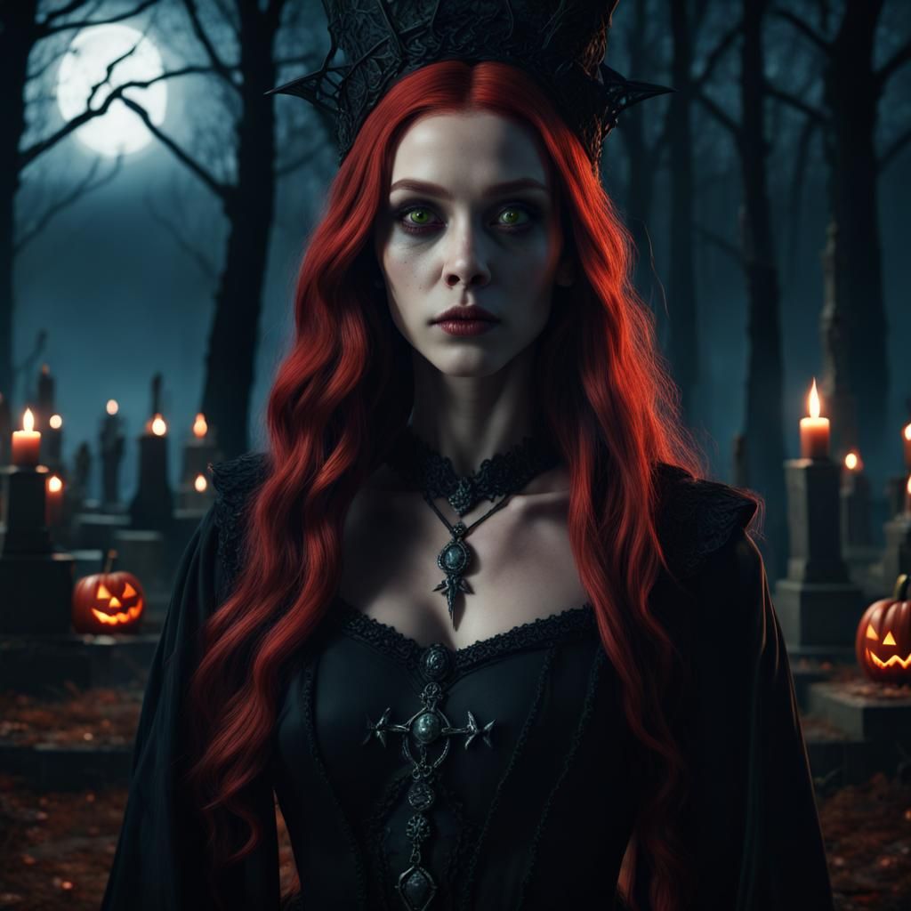 Halloween Witch with Red Hair in Graveyard