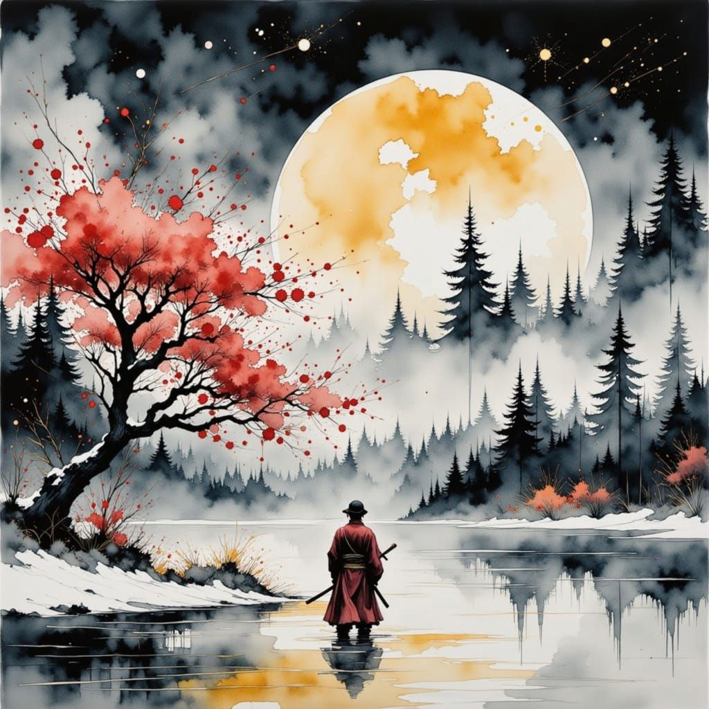 Winter Samurai in a Frosty Landscape under a Full Moon