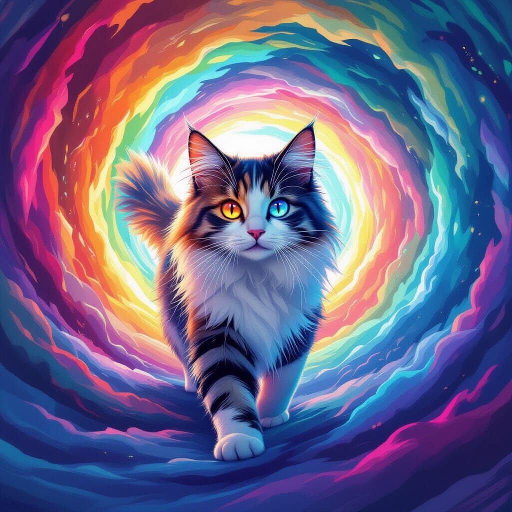 Majestic Cat Steps into Rainbow Vortex: Digital Art