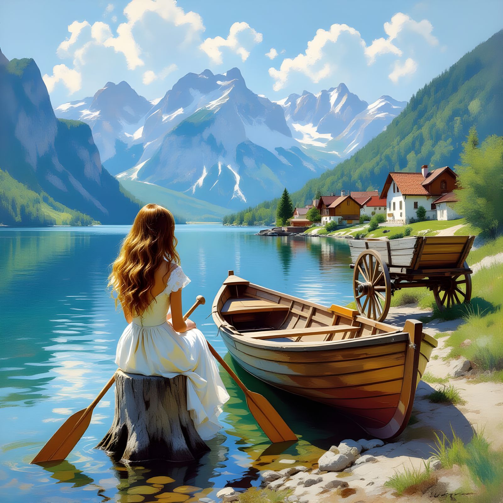 Girl on Stump by Lake in Impressionistic Oil Painting Style