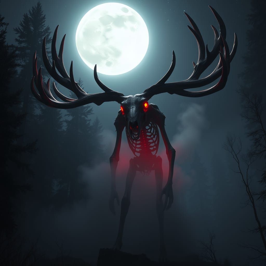 Ethereal Horror: A Mysterious Wendigo in Dark Forest