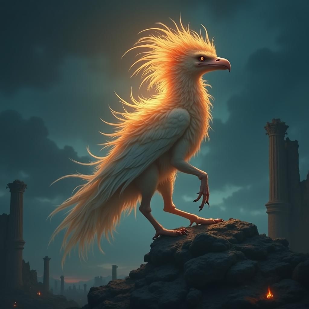 Fiery Phoenix Rising from Ashes at Dusk