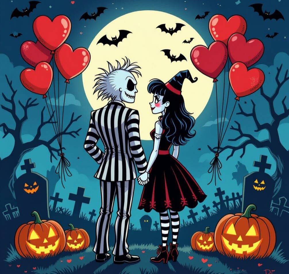 Beetlejuice and Lydia in Spooky Valentine Graveyard