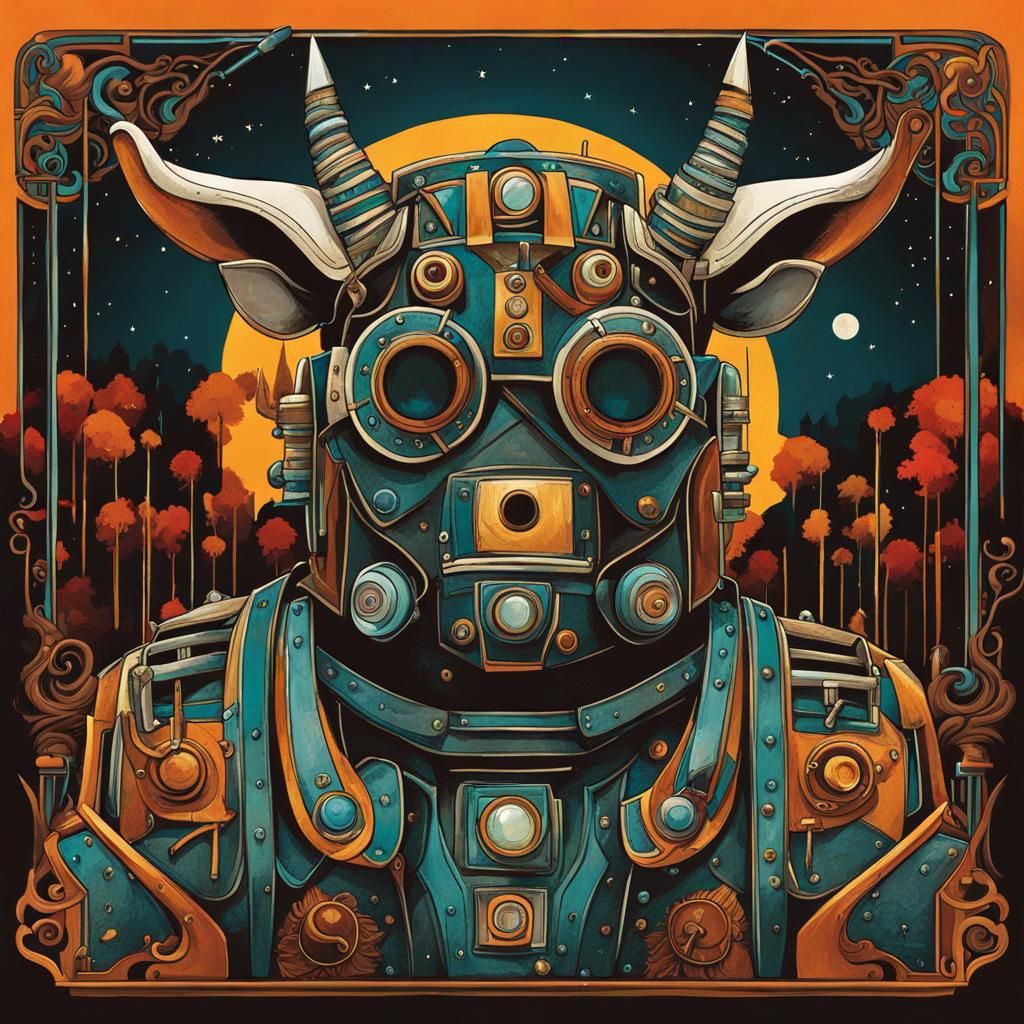 Steampunk Robot Minotaur in Dark Woods