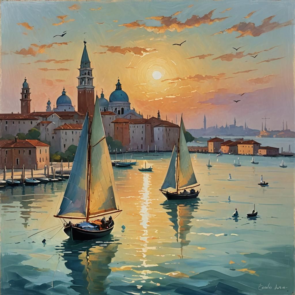 Venetian Sailboat in Impressionist Oil Painting