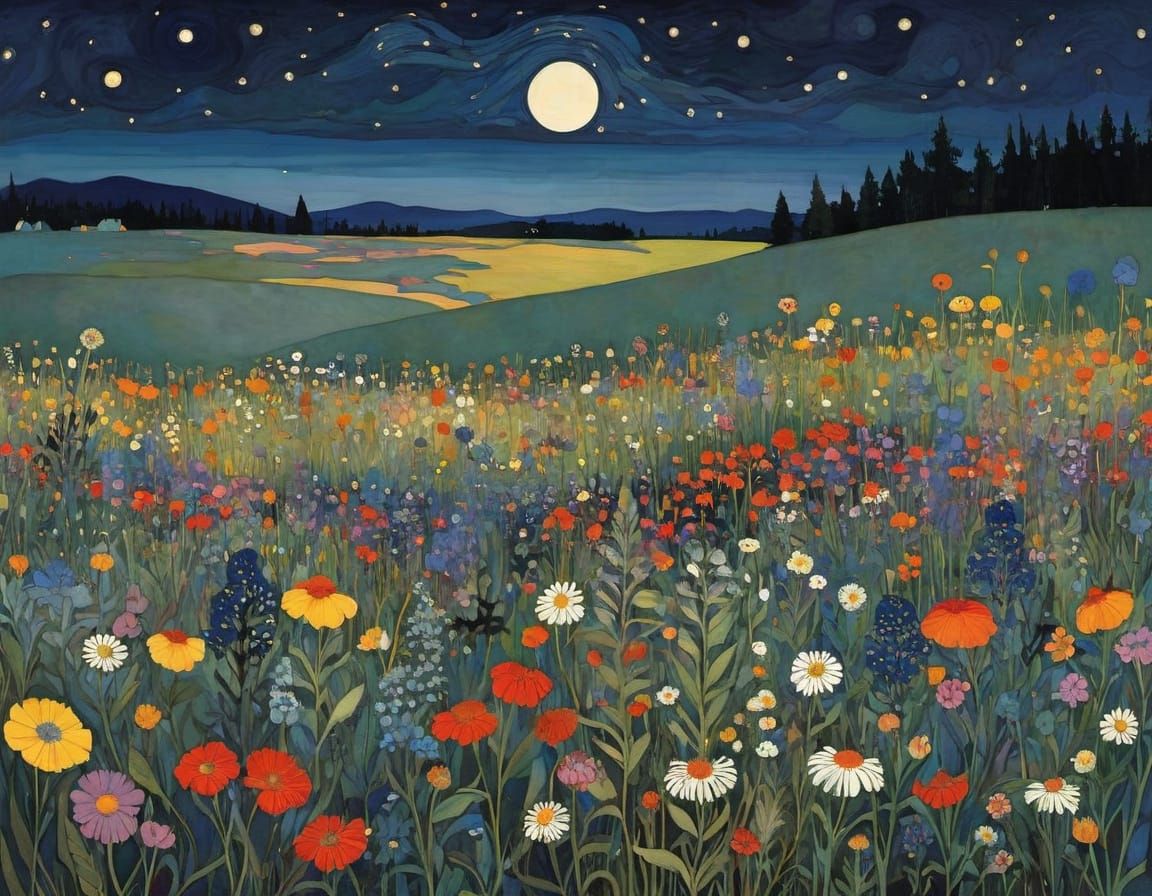 Abstract Wildflowers at Night in Art Nouveau Style