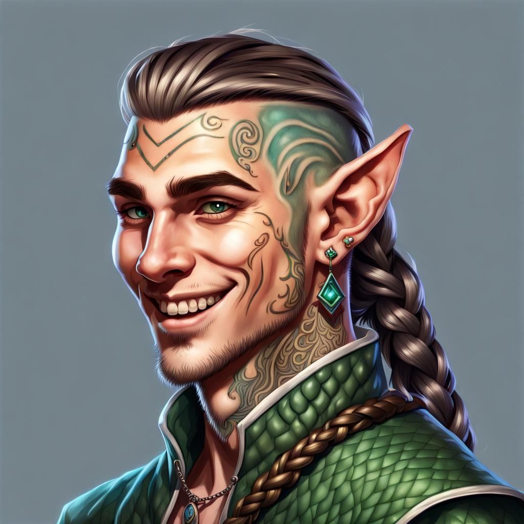 Smiling Tattooed Elf Rogue Portrait in D&D Style