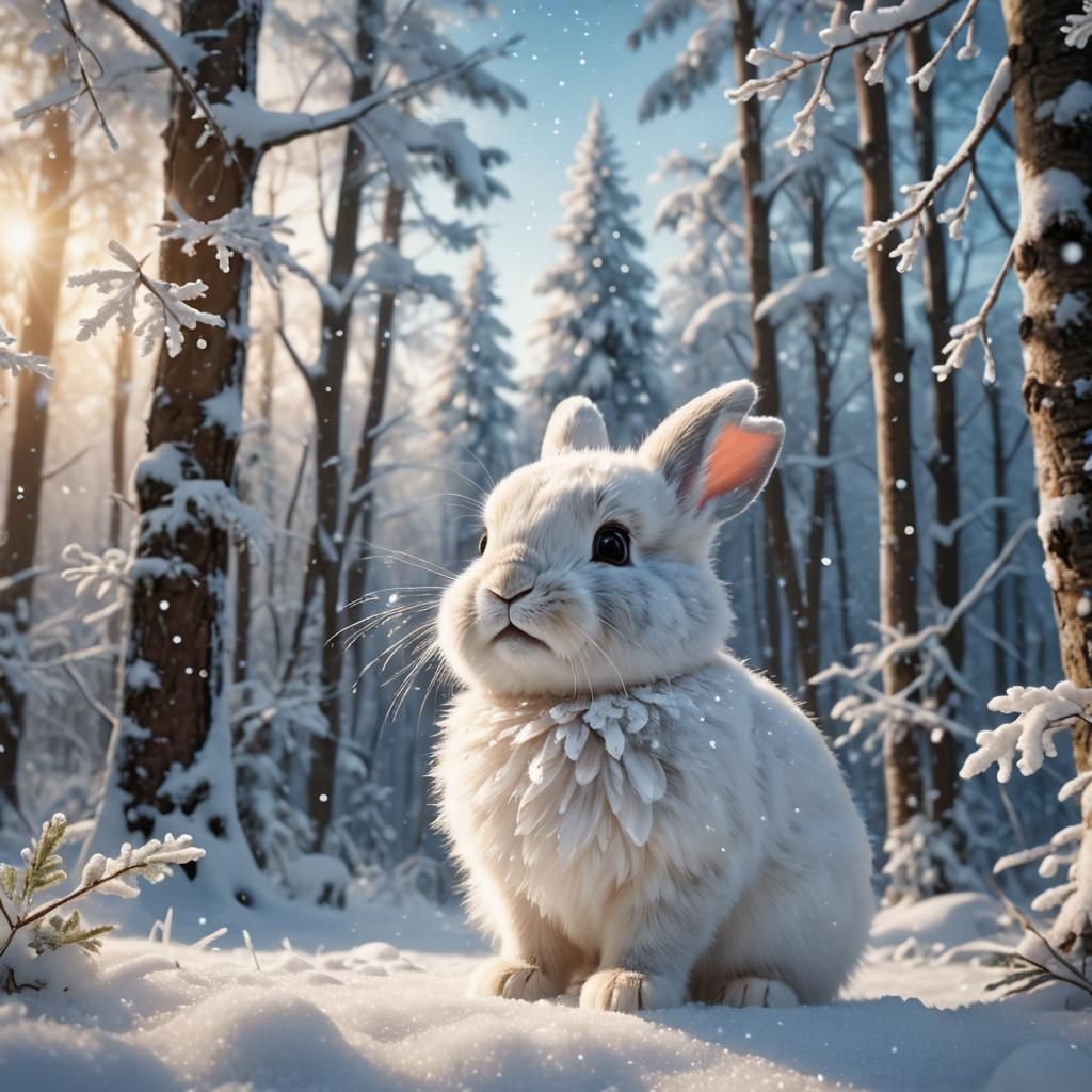 Fluffy White Bunny in Snowy Forest, Digital Painting