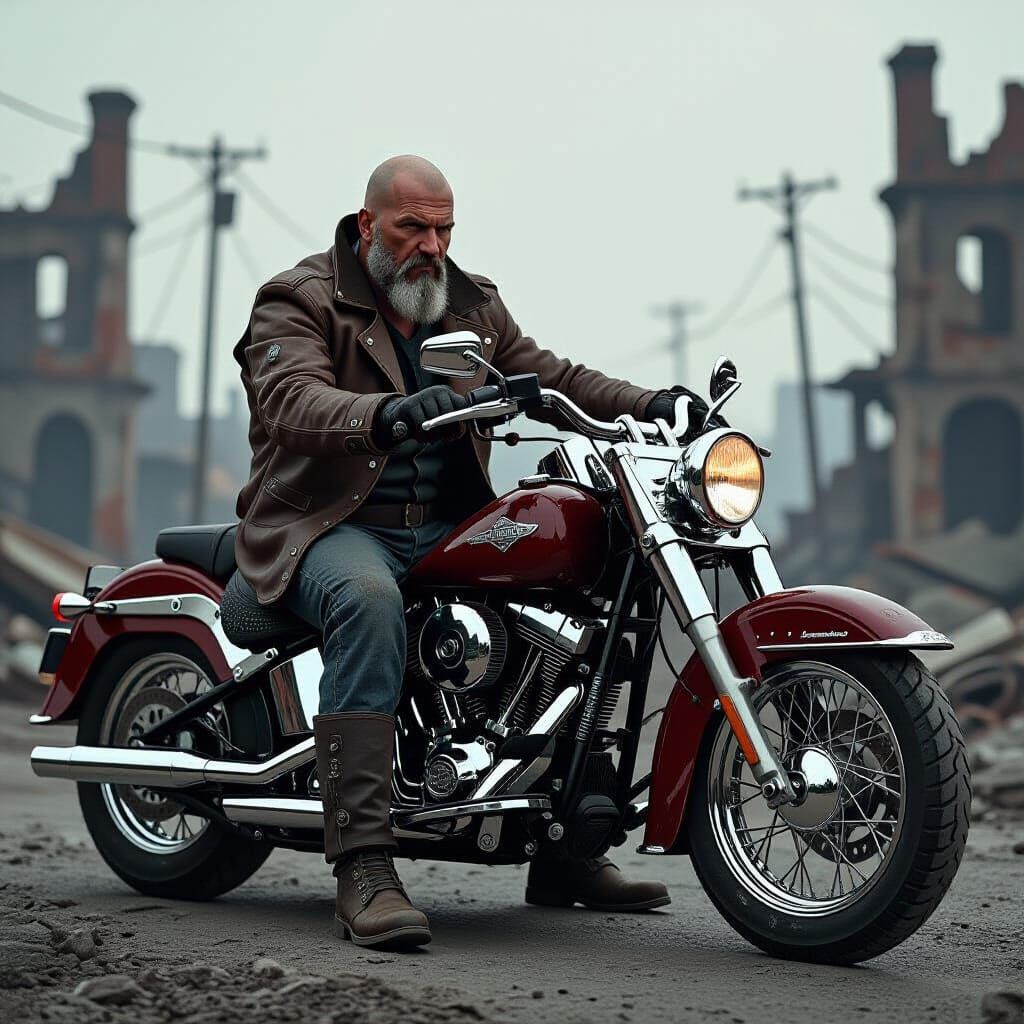 Biker in Post-Apocalyptic Dystopian Landscape
