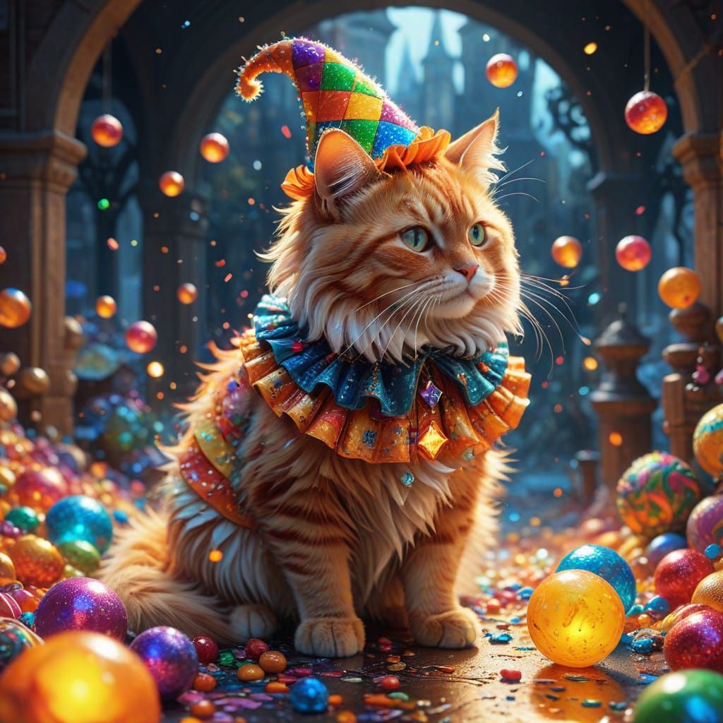 Whimsical Jester Cat in Candyland