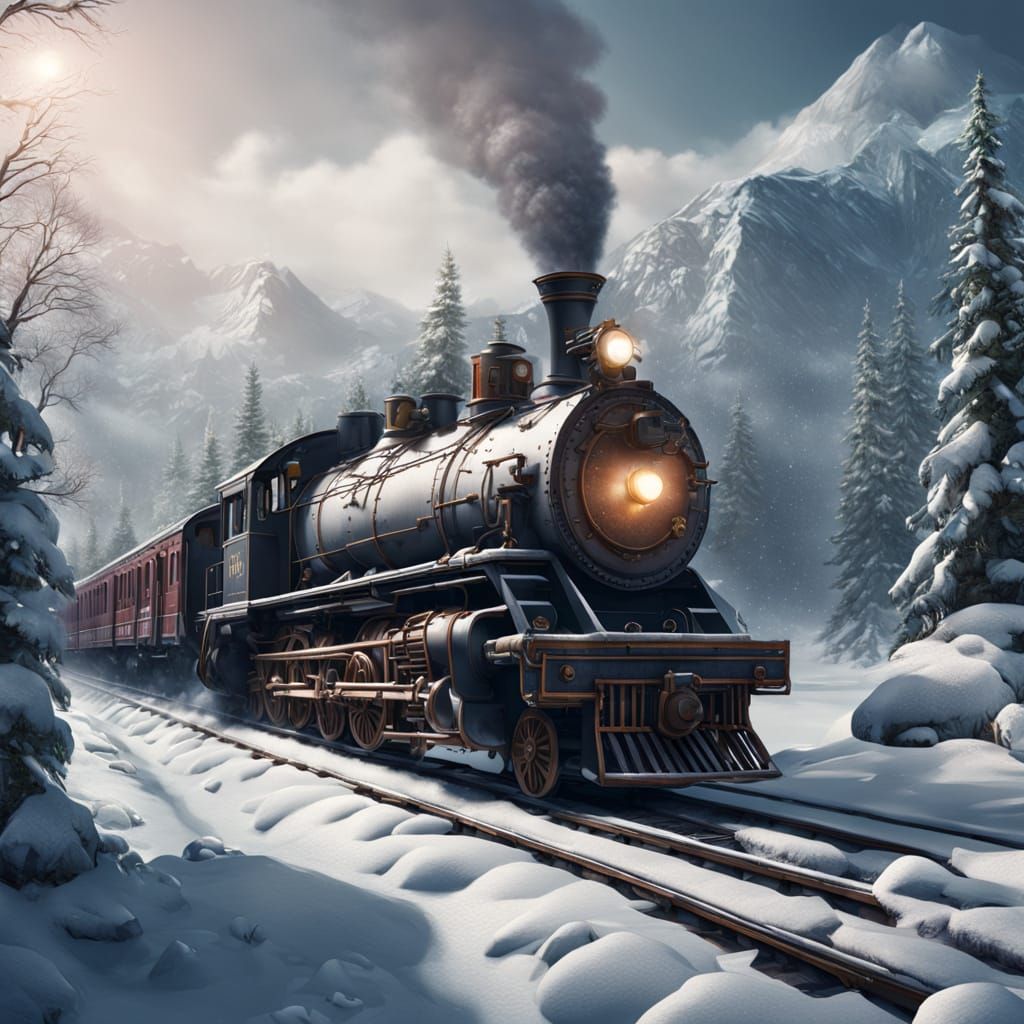 Winter Train Fantasy Art in Deep, Complementary Colors