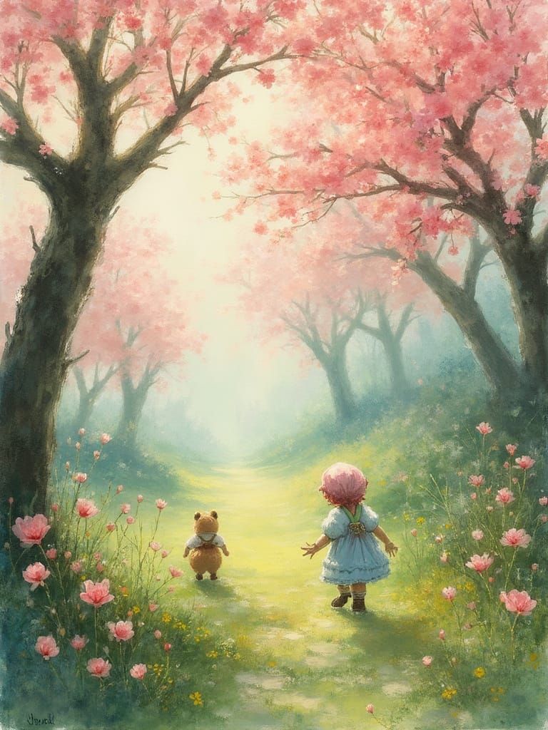 Blossoming Cherry Grove in Soft Impressionist Light