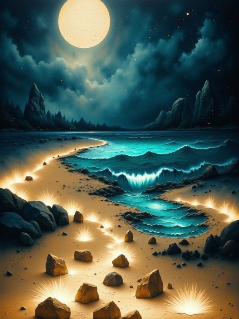 Luminescent Beach Scene Under Moonlight in Dreamlike Style