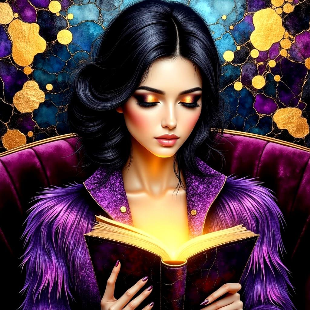 Elegant Woman Enveloped in Golden Light Amidst Velvet Hues