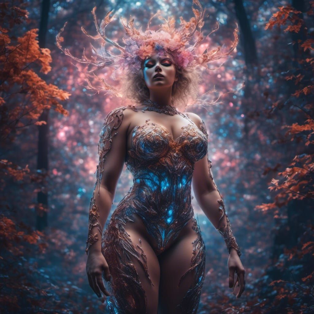 Cosmic Forest: Hyperreal Woman in Transparent Costume