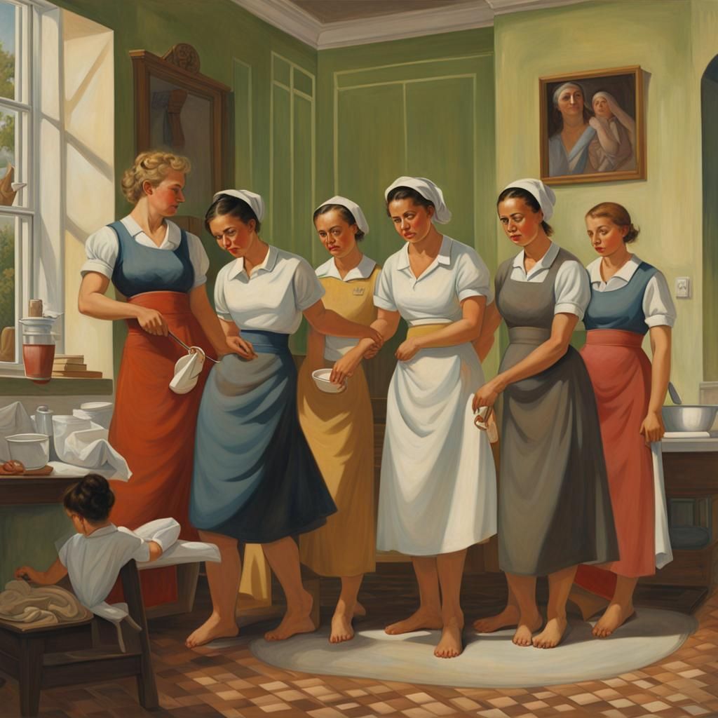Soviet Realist Mural: Multiracial Maids in Mansion