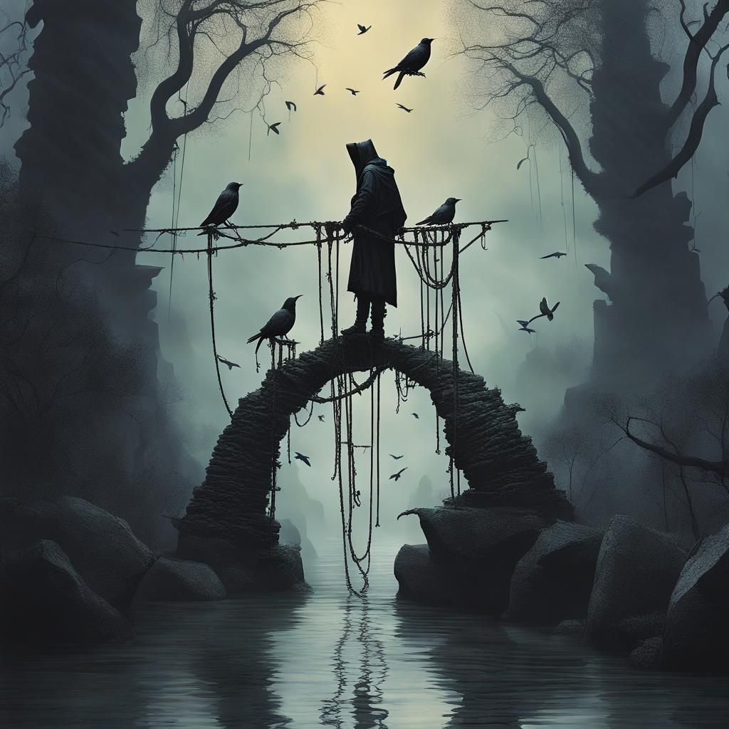 Eerie Thief Climbing Decaying Towers in Misty Forest