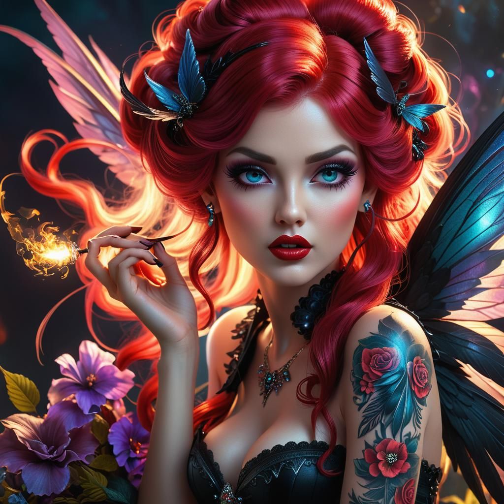 Crimson Haired Fairy with Iridescent Wings