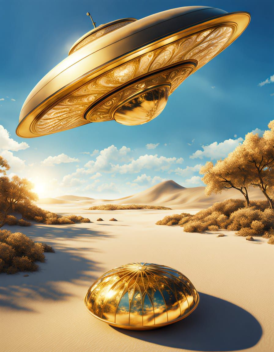 Golden UFO Flying Saucer on Beach in Art Nouveau