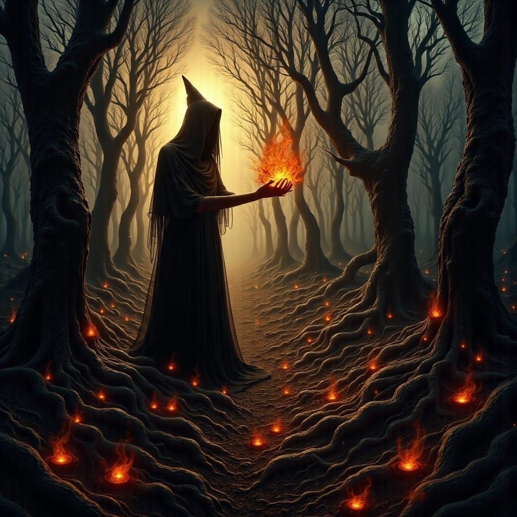 Surreal Witch Conjured Fire in Mystic Forest