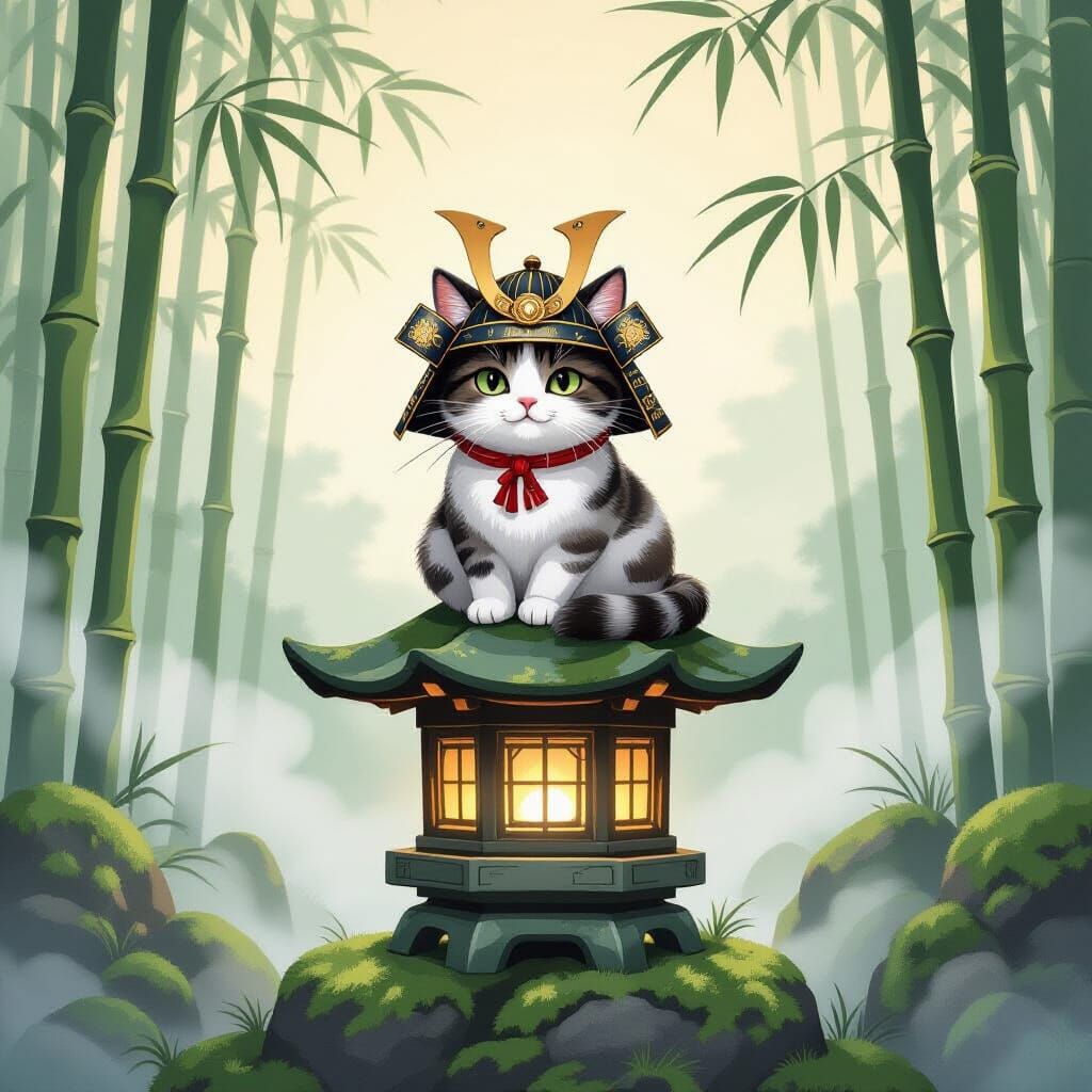 Whimsical Cat in Samurai Helmet in Misty Bamboo Forest