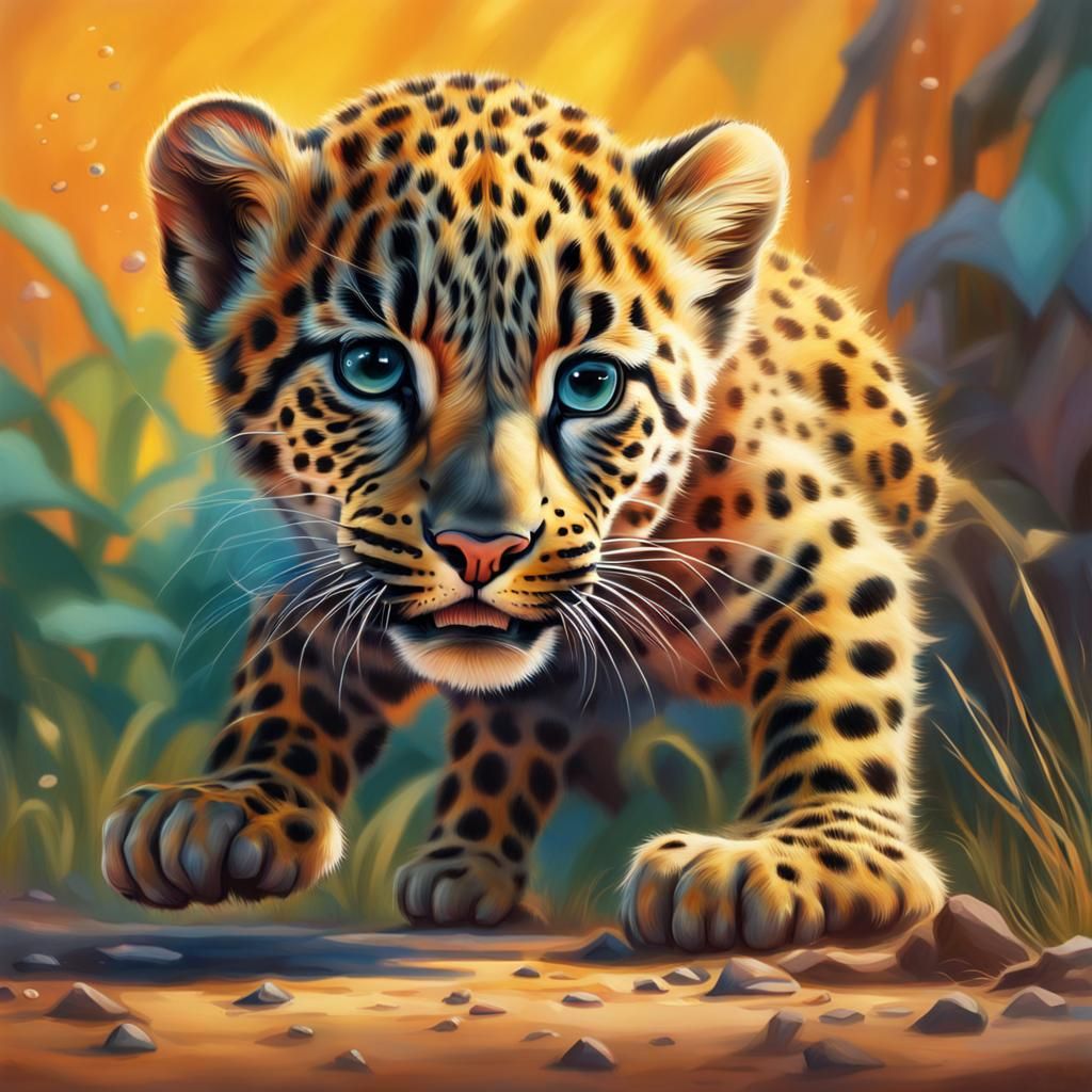 Hyperrealistic Baby Leopard Stalking Mouse: Splash Art
